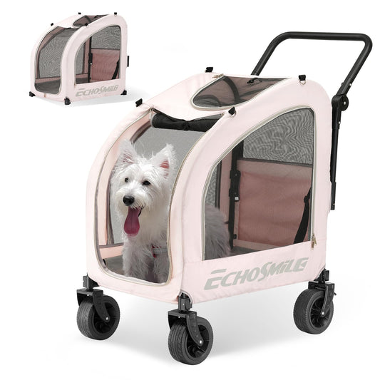 EchoSmile 4 Wheels Pet Stroller, Dog & Cat Stroller for All-Season, Lightweight Carrier with Storage Basket, Adjustable Handle, Removable Pad, Breathable Mesh, Up to 135 lbs, Pink