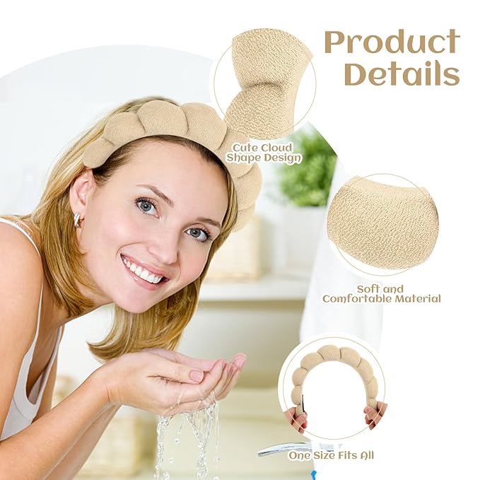 Women Spa Headband, Khaki - Soft, Comfortable, and Absorbent Headband for Washing Face, Makeup Removal, Yoga, Sports, Skincare, Unisex-Adults
