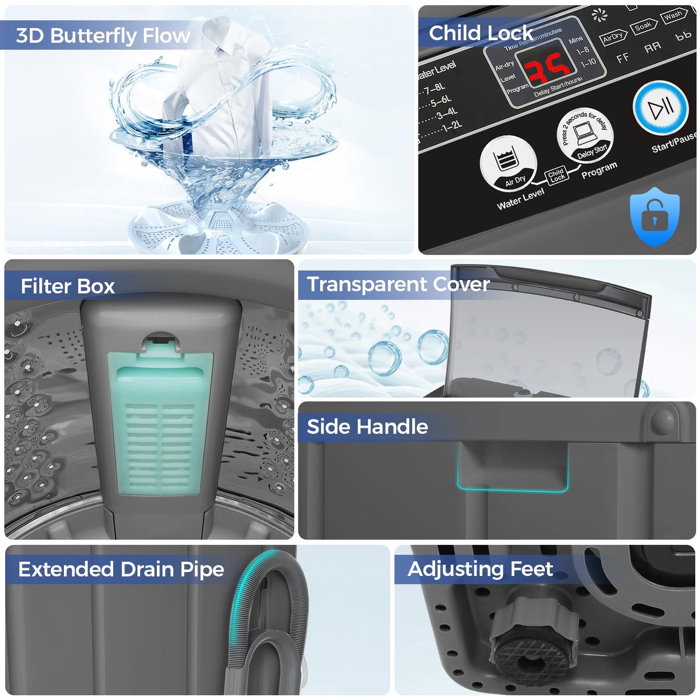 Nictemaw Portable Washing Machine 20Lbs Portable Washer Machine with Drain Pump, 2.8 Cu.ft Compact Washer with 10 Programs 8 Water Levels Small Washing Machine for Apartment, Home, Dorms, Rv