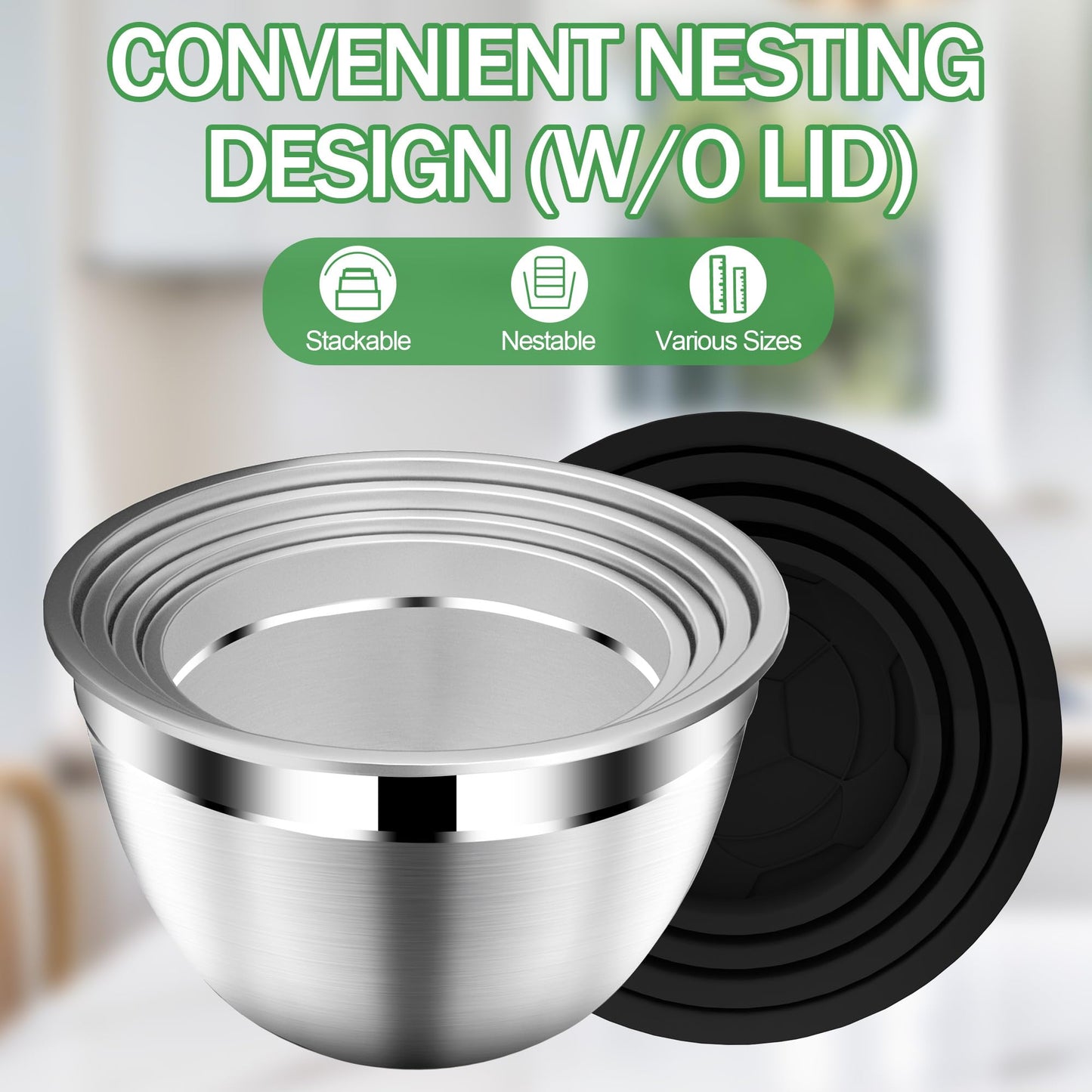 DUTZUN Mixing Bowls with Lids Set, Stainless Steel Mixing Bowls with Colander, Strainer with Mixing Bowl Set, Kitchen Gadgets Bowl Christams Gift, Size 4, 2.5, 2, 1.5QT - Black