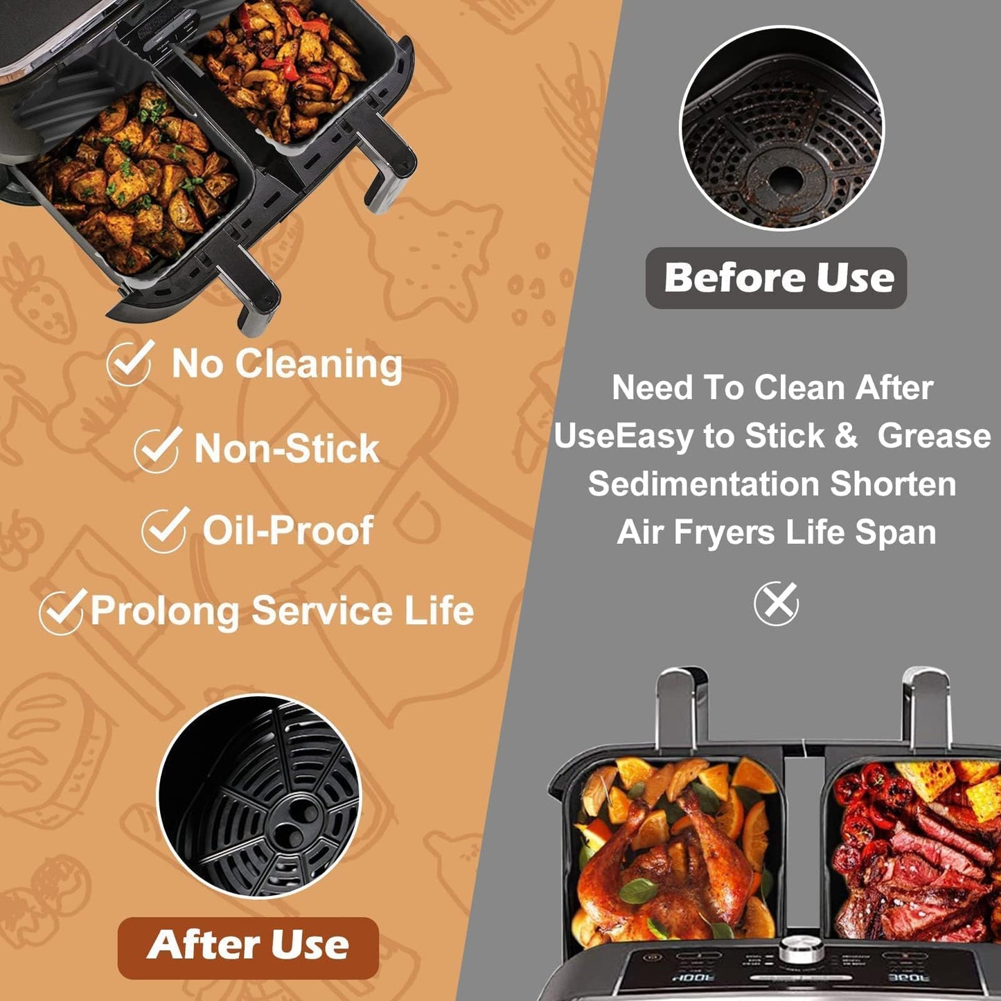 2Pcs Silicone Air Fryer Liners for Ninja Foodi Dual DZ201, Non-Stick Air Fryer Basket Accessories, Reusable Liners Fits 8 QT