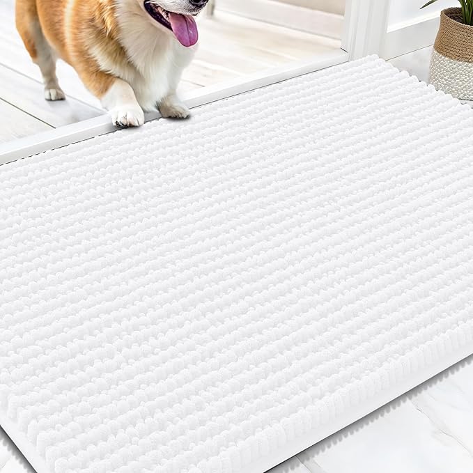 OLANLY Dog Door Mat for Muddy Paws 34x21, Ultra Absorbent Chenille Mud Doormat, Non-Slip Washable and Dirt Trapping Doormat for Indoor Entryway, Quick-Dry Indoor Pet Bed Mats for Dogs, White