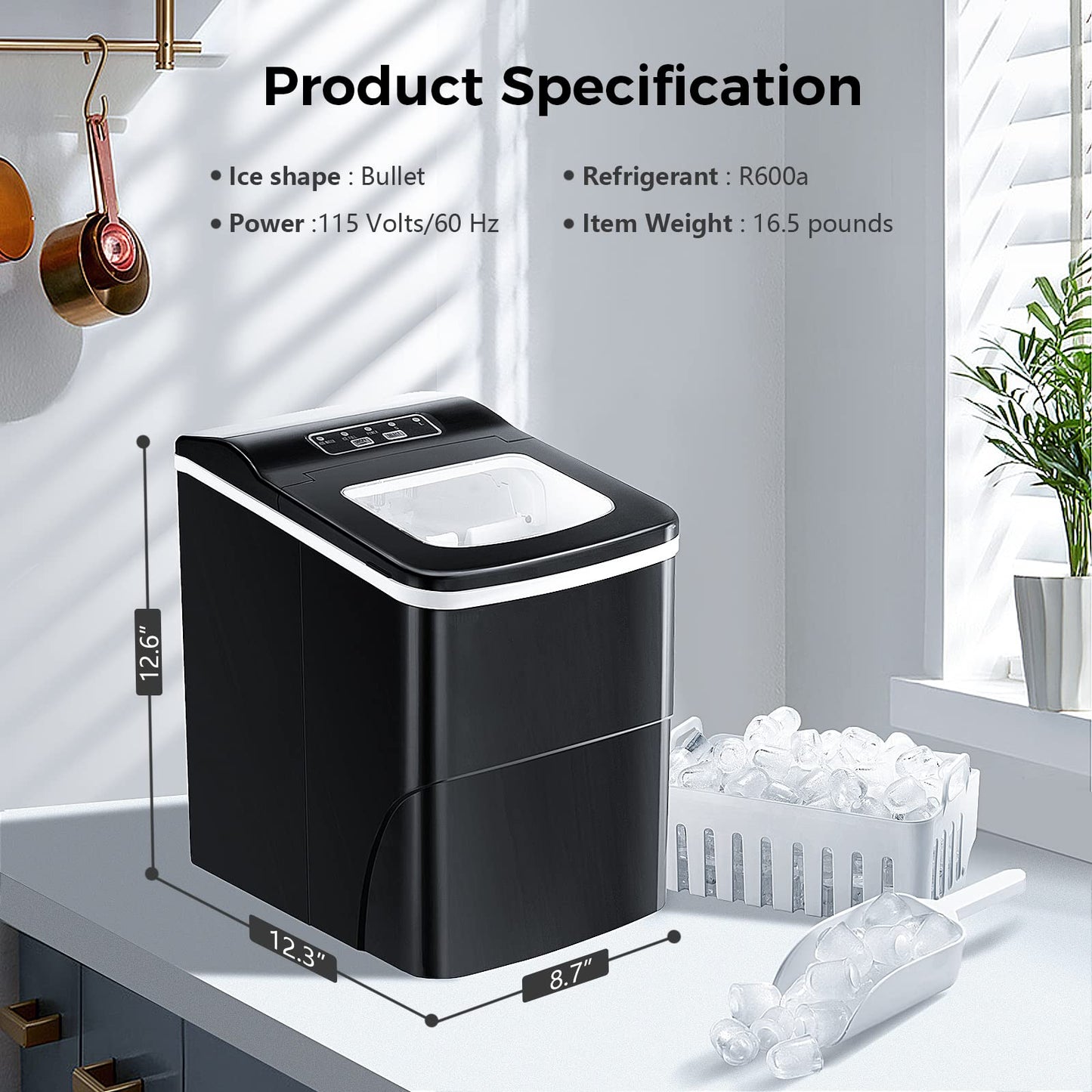 AGLUCKY Ice Makers Countertop with Self-Cleaning, 26lbs/24hrs, 9 Cubes Ready in 6 Mins, Portable Ice Machine with 2 Sizes Bullet Ice/Ice Scoop/Basket for Home/Kitchen/Office/Bar/Party, Black