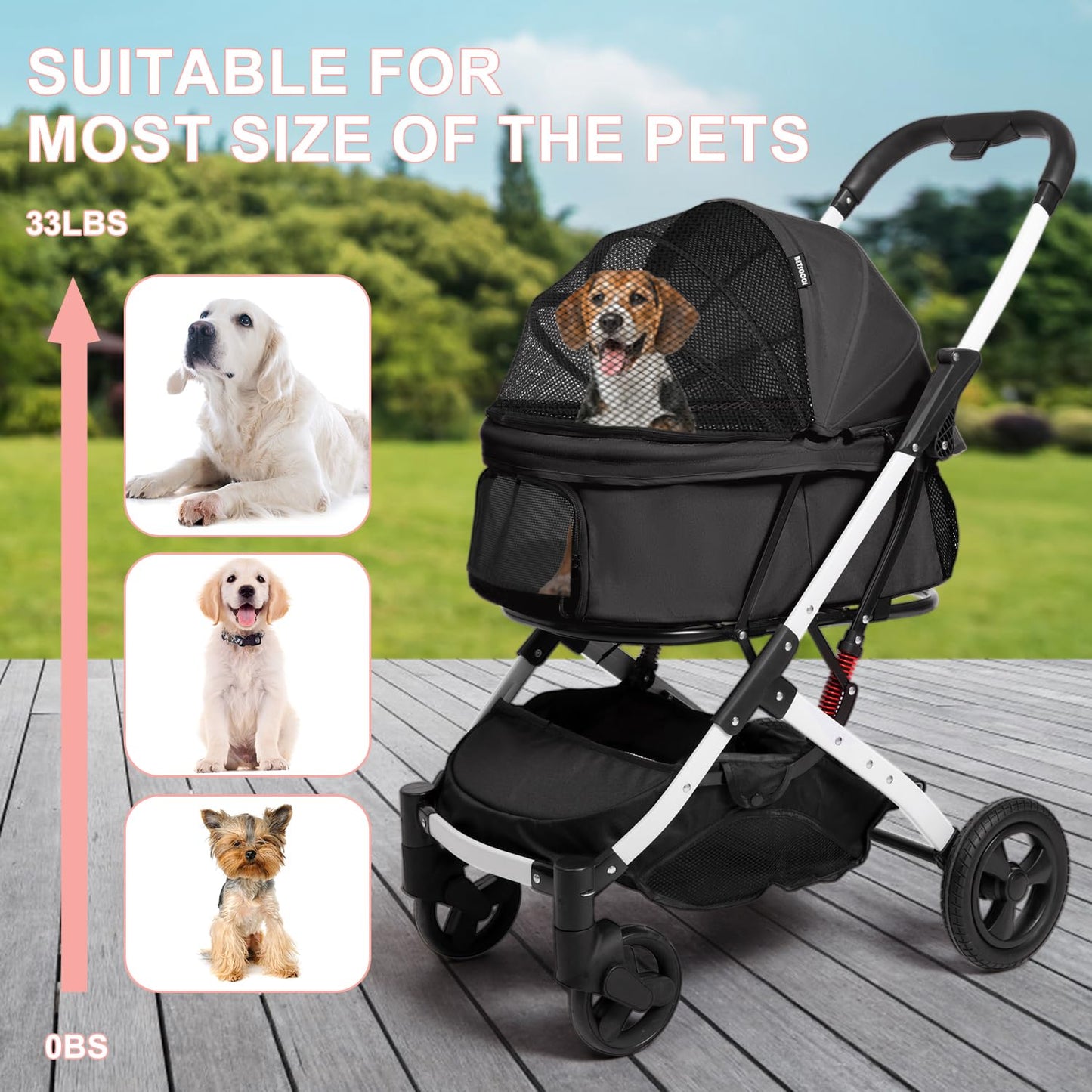 BETSOCCI Pet Stroller for Medium Small Dog & Cat, Foldable Lightweight Dog Stroller with Storage Basket Pet Travel Carriage with Safety Leashes, 4 Wheel, Black