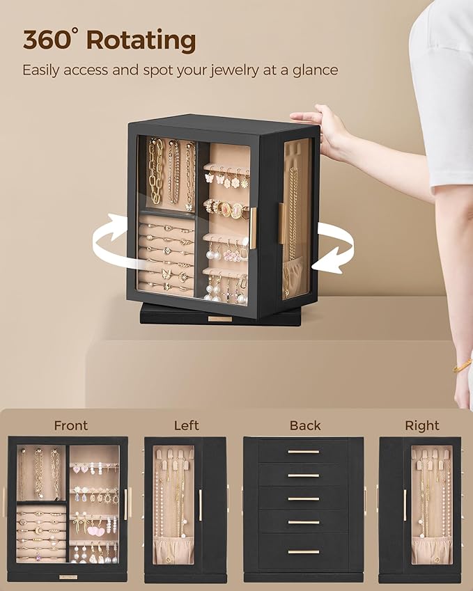Glimmloop 360ÃÂ° Rotating Jewelry Box with 5 Drawers, Spacious Vertical Jewelry Organizer with Glass Window, Jewelry Storage Case, Dustproof & Moisture-resistant Design, Black
