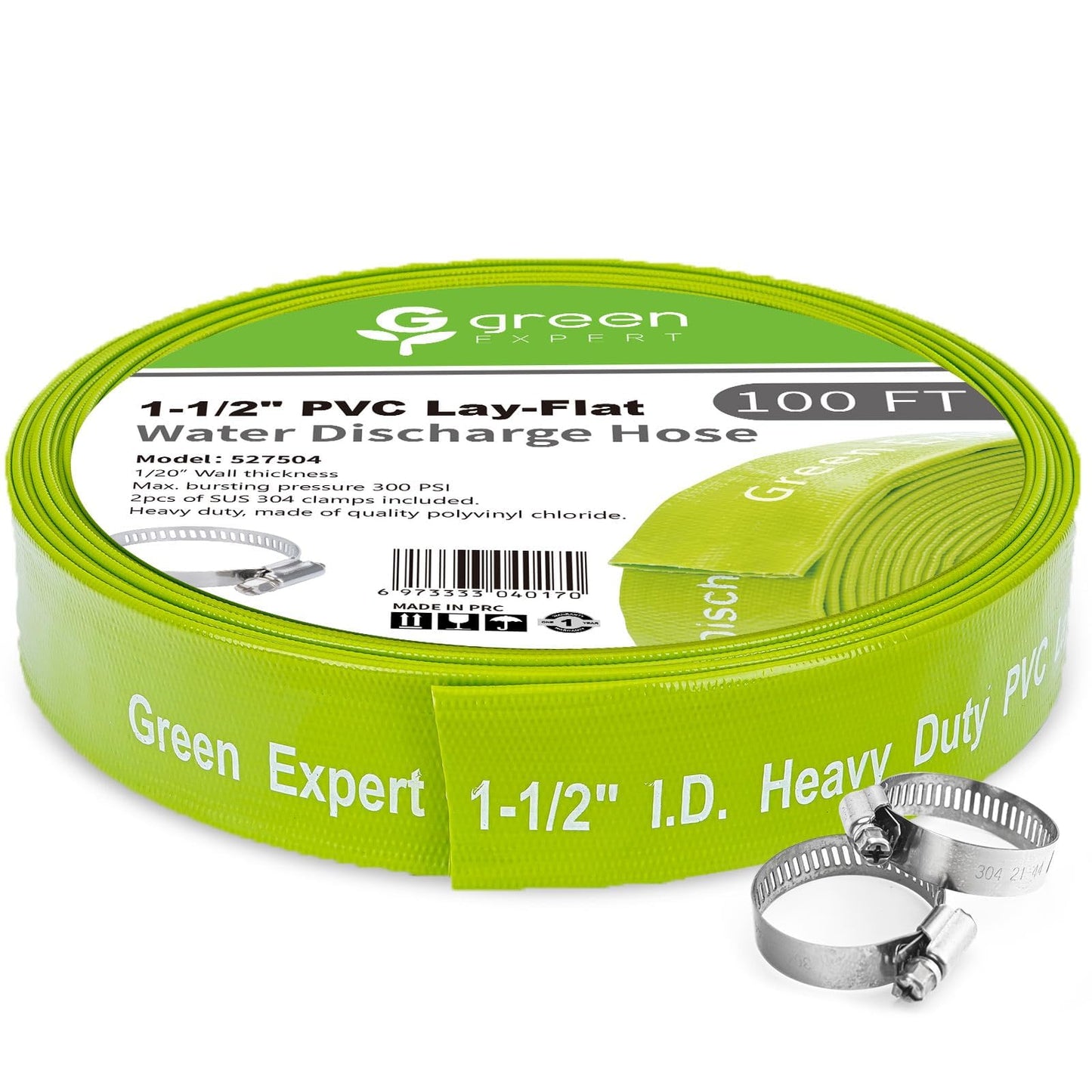 Green Expert 1-1/2" ID PVC Lay-Flat Discharge Hose, Sump Pump Accessory, 100FT Heavy-Duty Pool Backwash & Water Transfer Hose, Steel Clamp Kit Included