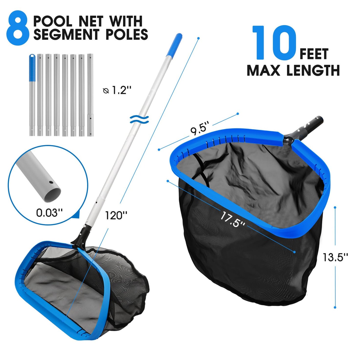 17.5'' Self-repair Pool Net with Pole 10 Ft Thick Aluminum 8 Sections Detachable Pool Poles & Nylon Fine Mesh Netting Bag Wear Resistant Pool Skimmer Net Leaf Rake for Above Ground In-ground Pools