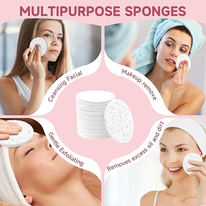 100 Count Compressed Facial Sponges 100% Natural Cellulose Eco-Friendly Makeup Sponges for Gentle Cleansing, Exfoliating & Stubborn Makeup Removal Travel for Women (Round white)