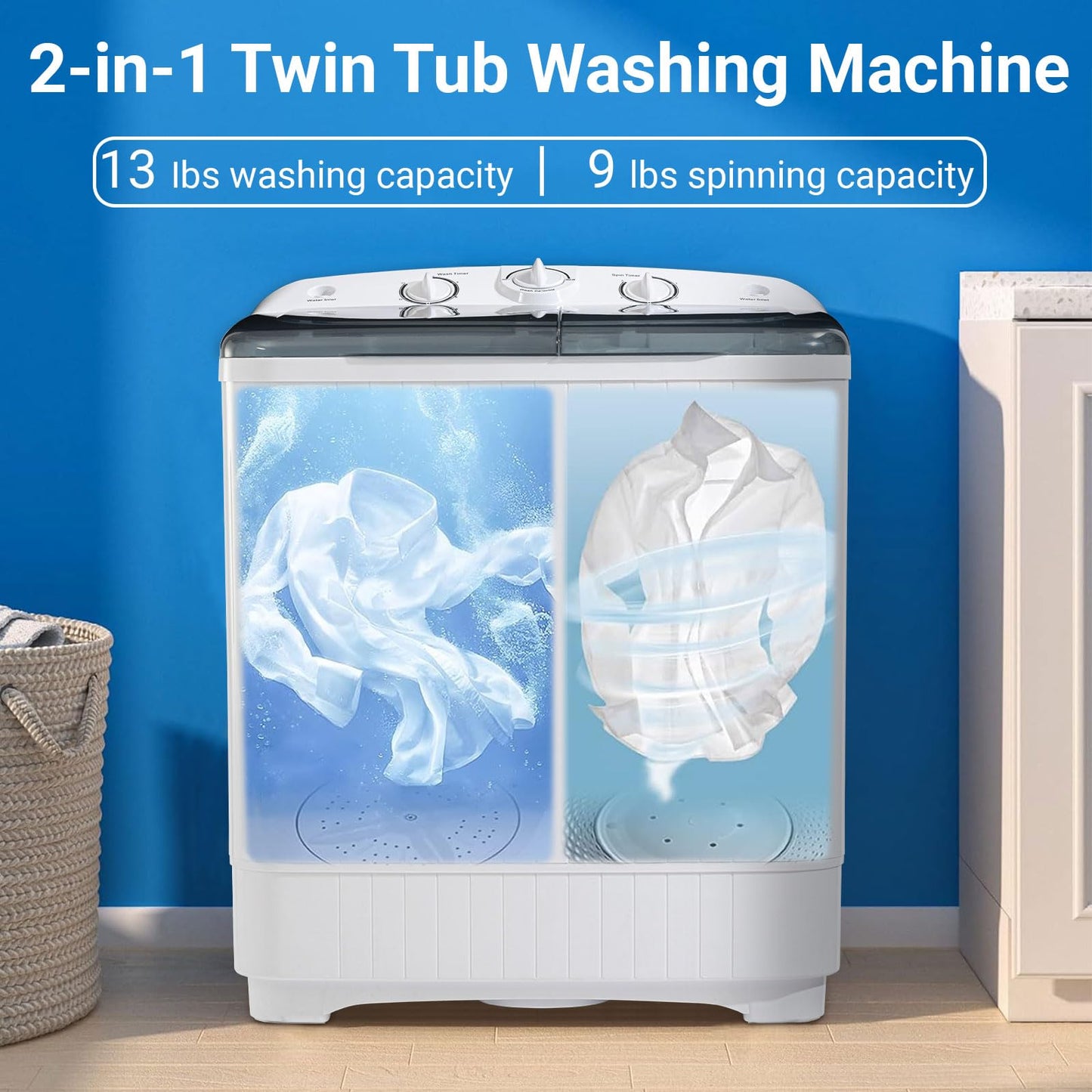 Portable Mini Twin Tub 22Lbs Washing Machine with Drying Rack & 10 Hangers, Washer(13Lbs) and Spinner(9Lbs) Combo with Timer Knob, Compact Semi-automatic Laundry Washer for Home Dorm Apartment, Black