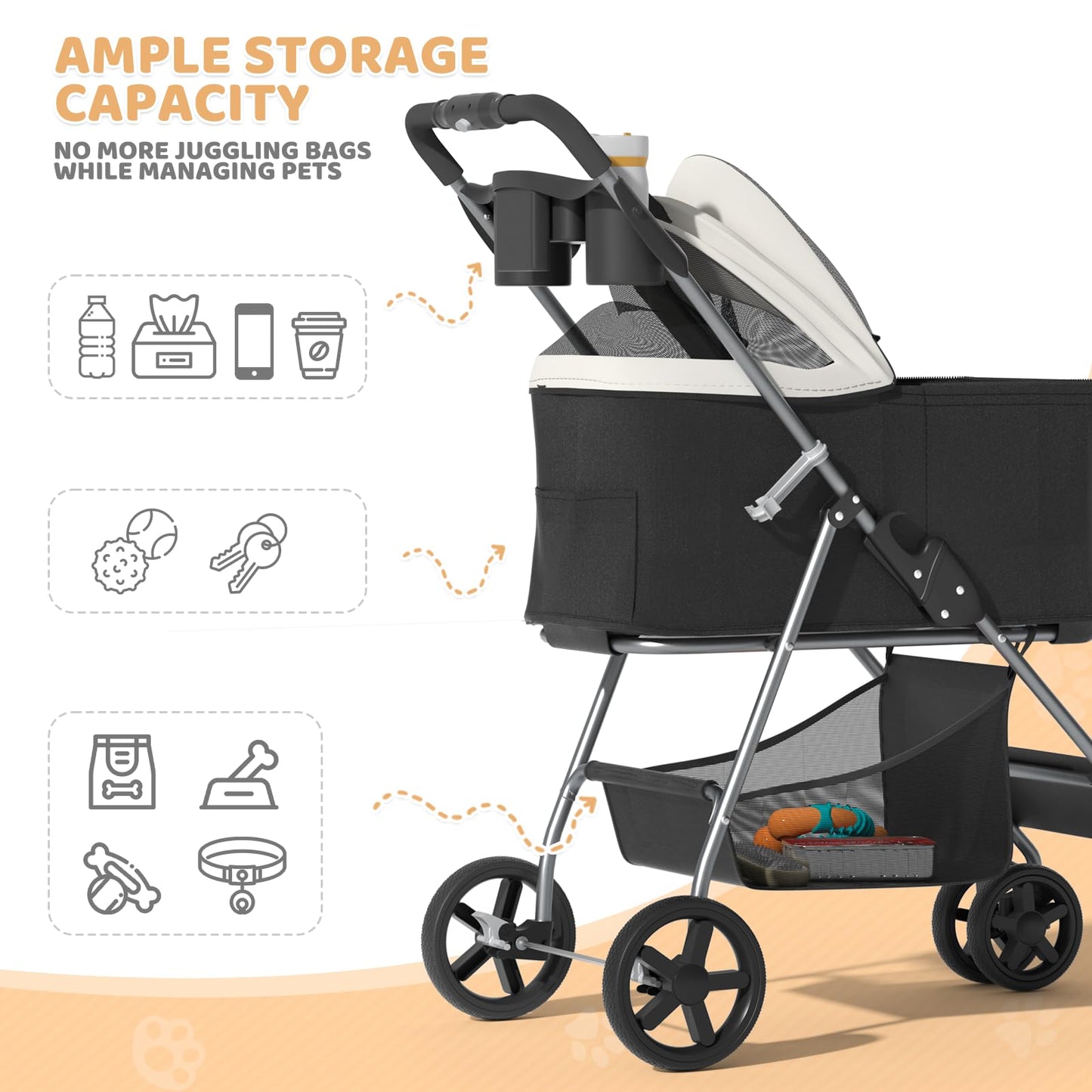 Magshion Foldable Pet Stroller, 3-in-1 Dog Travel Jogger with Detachable Carrier, Cup Holder, Storage Basket, Folding Carrier for Small/Medium Dogs & Cats Up to 33 lbs, Black
