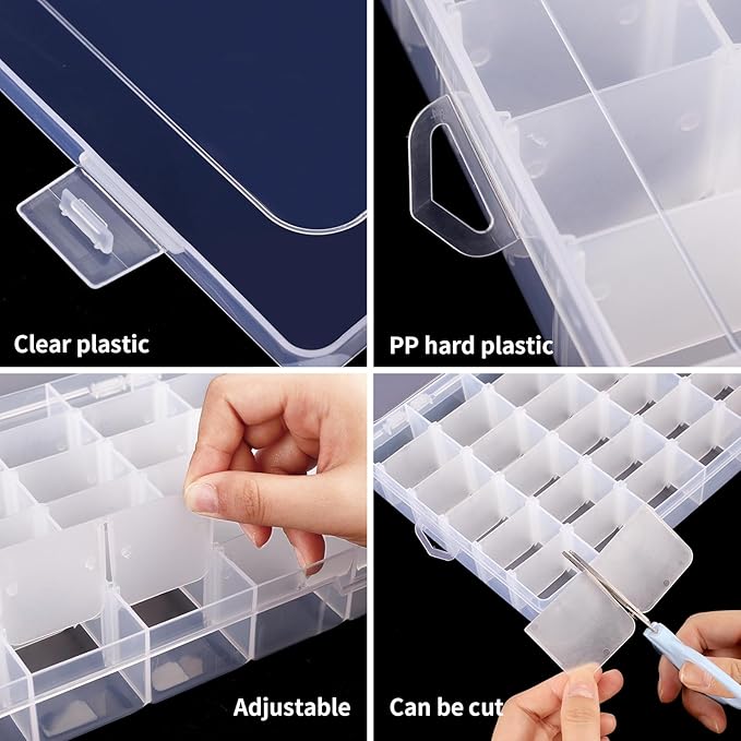 OUTUXED 36 Grids Clear Plastic Organizer Box with Adjustable Compartment Dividers Rock Collection Box for Bead, Nails, Jewelry, Art, DIY Crafts, Fishing Tackle, Small Items Organizers and Storage