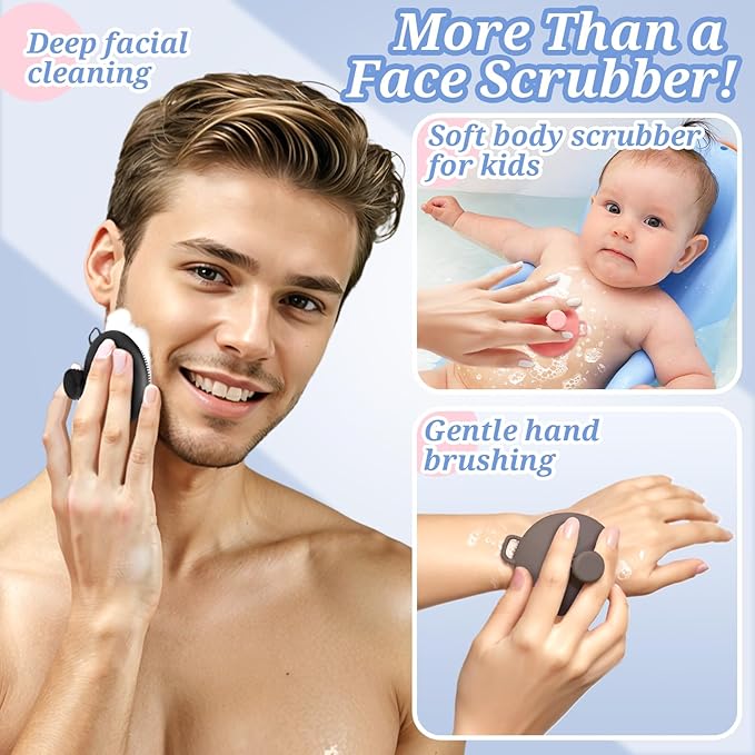 Silicone Face & Body Scrubber Set, Exfoliating Body Scrubber Face Scrubber with Dense Bristles & Non-Slip Handle, Gentle Silicone Loofah Face Brush for Good Lathering and Deep Cleansing(Black)