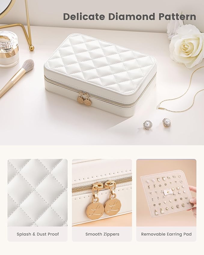 Lolalet Travel Jewelry Case for Women Girls, Travel Jewelry Organizer with Clear Storage Bag Small Portable Jewelry Box for Necklace Bracelet Earring Ring Birthday Bridesmaid Gifts -Large/Beige