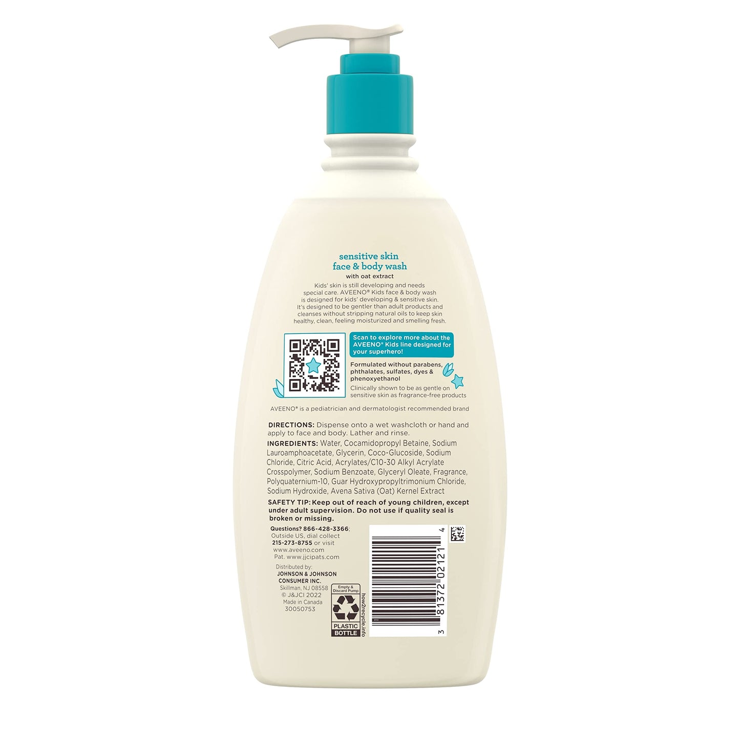 Aveeno Kids Sensitive Skin Face and Body Wash with Oat Extract, Gently Washes Away Dirt and Germs Without Drying, Tear-Free, Hypoallergenic Kids Body Wash, 18 fl. oz, 2 Pack
