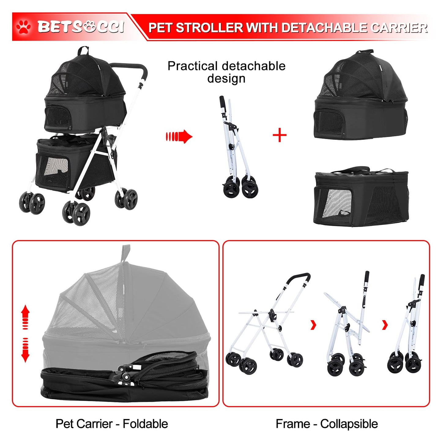 BETSOCCI Double Dog Stroller with 2 Detachable Carrier, Portable Pet Stroller for Small Dogs & Cats Folding Lightweight Puppy Travel Carriage, 4 Wheels, Black