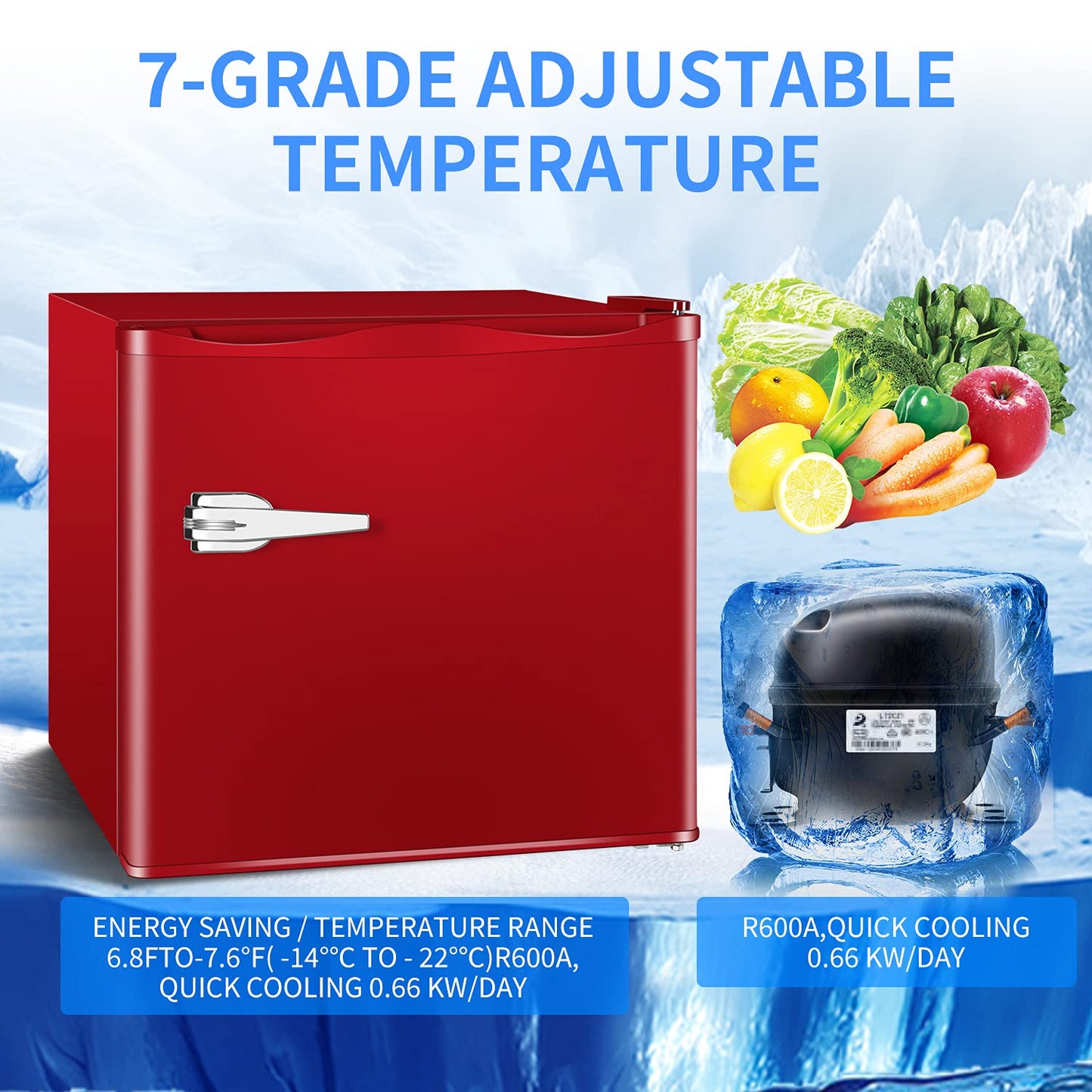 Antarctic Star Mini Upright Freezer -1.2 cu.ft Compact freezer with Removable Shelves and Adjustable Thermostat, for Home/Kitchen/Office(Red)