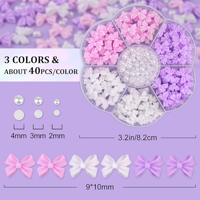 120 Pcs 3D Bow Charms + 2-4mm Nail Pearls - Pink White Lilac Bows & White Flatback Pearls with Glue Gel (UV Needed) & Pickup Tools