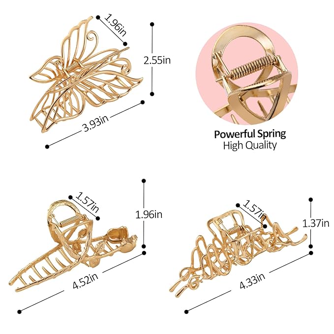 LUKACY 6 Pack Large Metal Hair Claw Clips - 4 Inch, Perfect Big gold Jaw hair clamps for Women and Thinner, Thick hair styling,Strong Hold, Fashion Hair Accessories (Style 2)