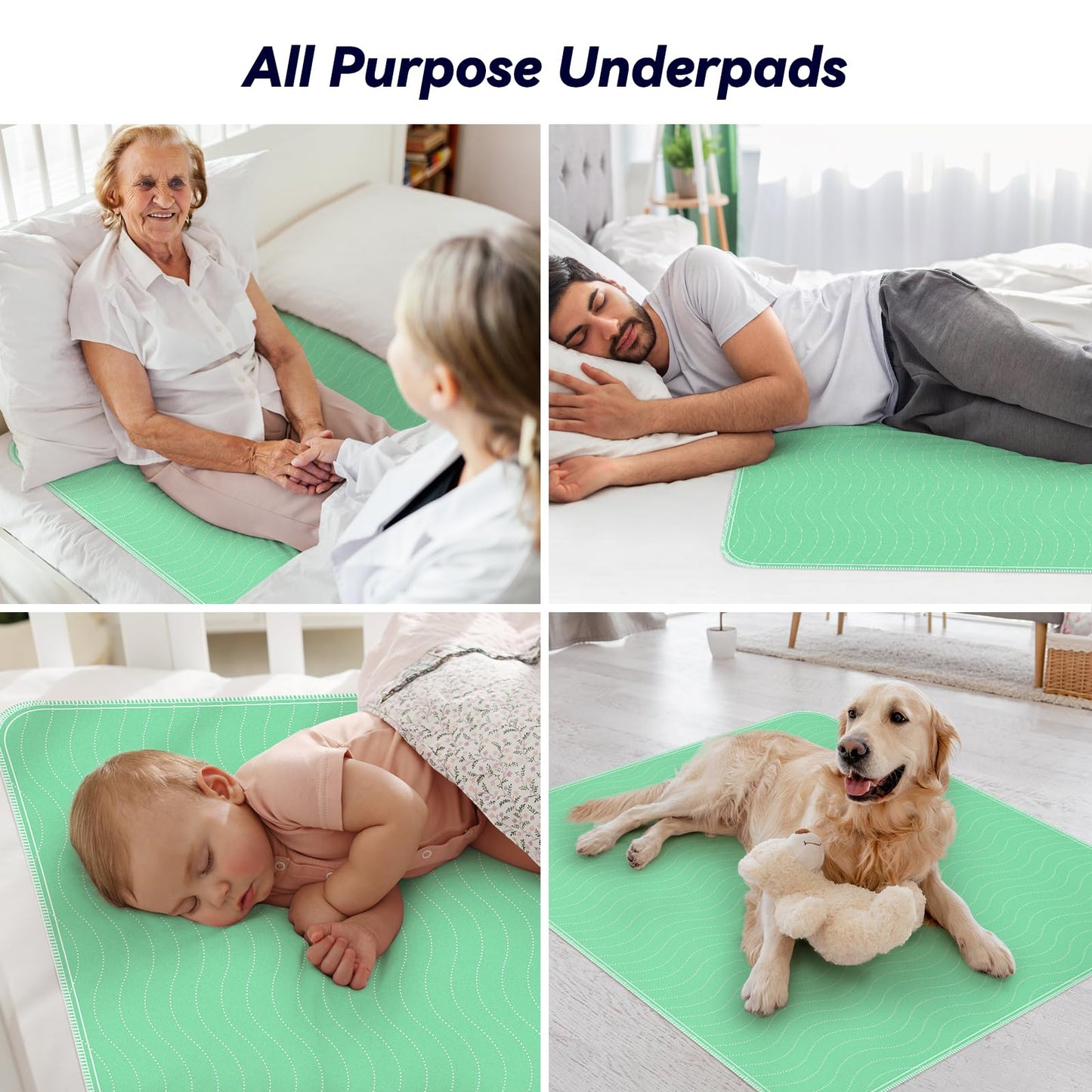 FYGRIP 4 Pack 36” x 36” Extra Heavy Absorbency Washable Underpads, Waterproof Quick Drying Nursing Incontinence Reusable Washable Bed Pee Pads for Dogs, Diaper Changing & Adults, Green