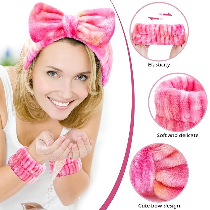3PCS Spa Headband and Wristbands Set for Women, Soft Microfiber Face Wash Headband with Cute Bow, Elastic Absorbent Wrist Towels, Makeup Skincare Accessories for Facial, Shower, Yoga