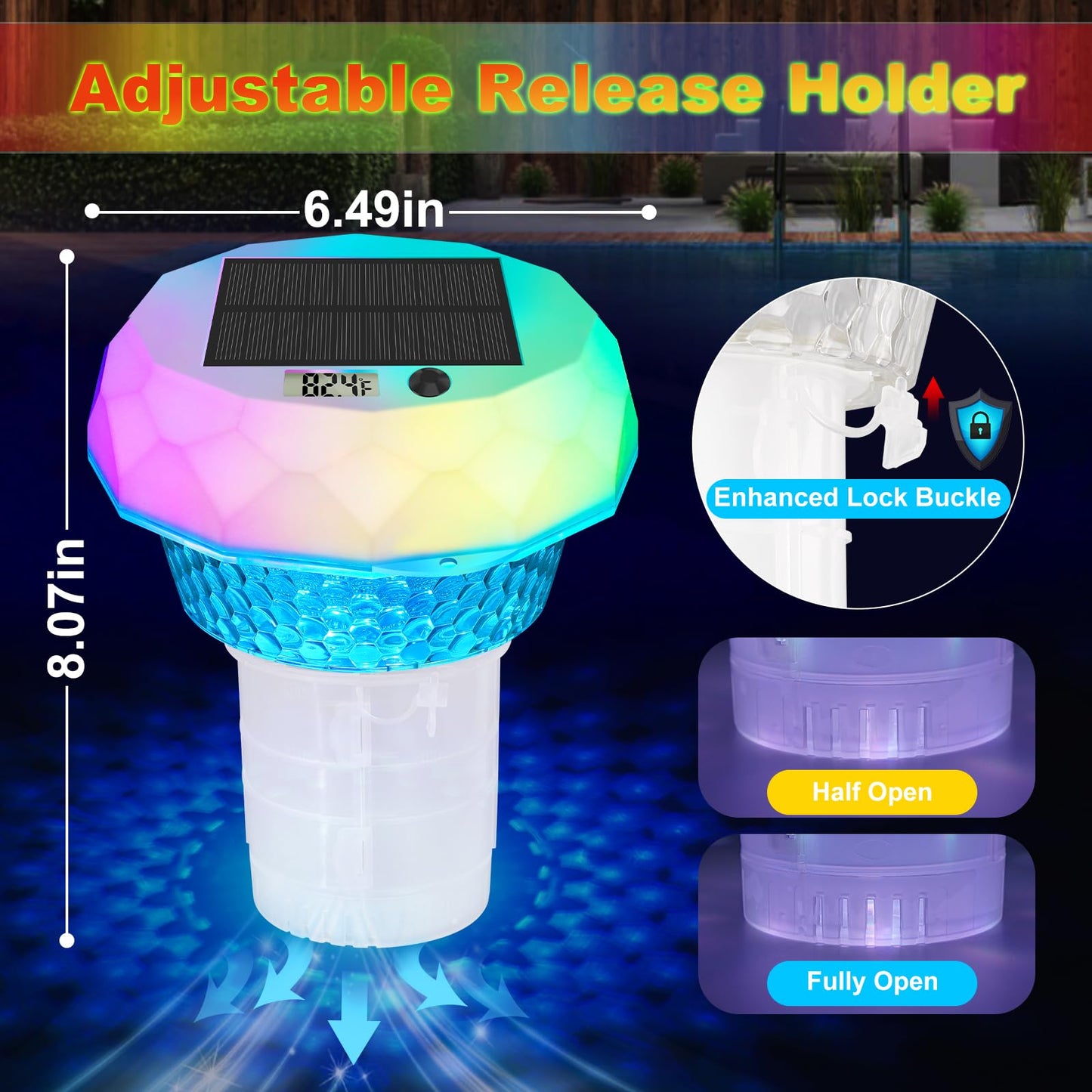 Solar Powered Pool Chlorine Floater with Digital Thermometer & LED Light, Floating Chlorine Dispenser for 3” Chlorine Tablets (Tablets Not Included), Pool Thermometer for Inground & Above Ground Pools