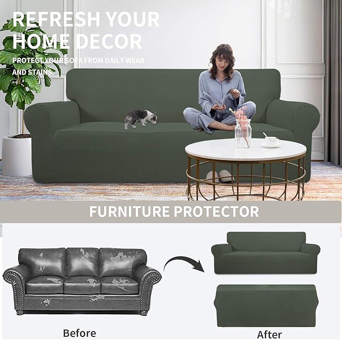 Easy-Going Stretch Chair Sofa Slipcover 1-Piece Couch Sofa Cover Furniture Protector Soft with Elastic Bottom for Kids, Pet. Spandex Jacquard Fabric Small Checks (Chair, Olive Green)