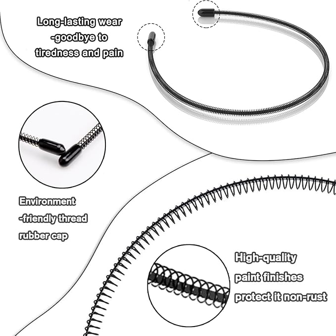 Metal Headbands for Men & Women, Adjustable Zigzag Hair Bands with Spring Circle & 0.3cm Wave Design, Non-Slip Black Sports Hairbands for Daily Wear, Running & Workout (3 Pack)