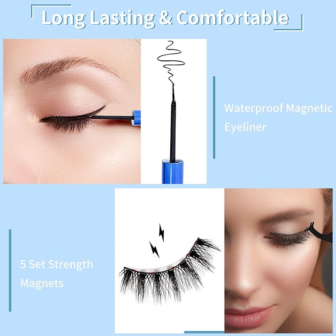 Magnetic Eyelashes Kit, 7 Pairs Reusable 3D Natural Look Magnetic Lashes with Eyeliner & Tweezers, No Glue Needed, Easy to Apply, Lightweight & Waterproof False Eyelashes (7 Pairs)