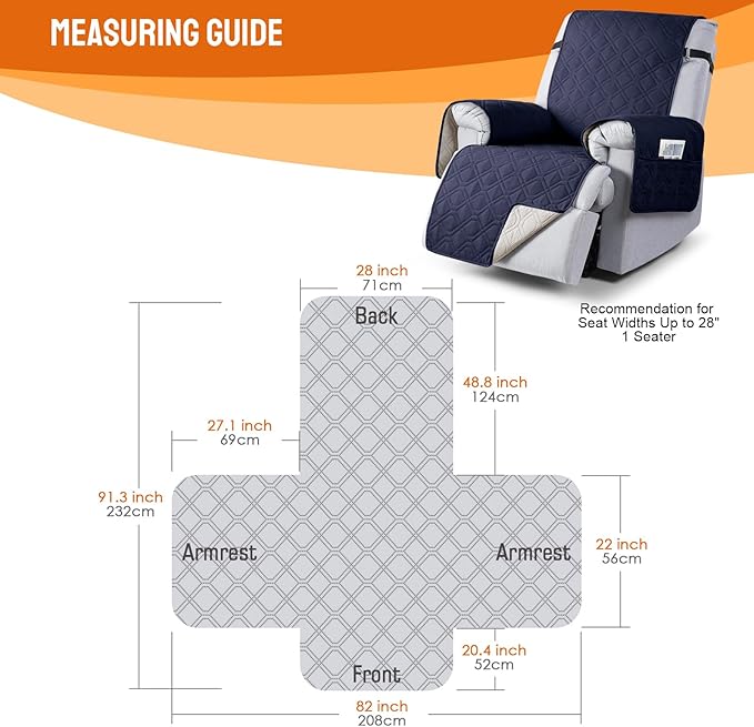 VANSOFY 100% Waterproof Recliner Chair Covers, Recliner Cover Non-Slip Dog Chair Cover Furniture Protector Washable Slipcover with Pocket, Elastic Straps for Pets, Dogs(Dark Blue, 28")