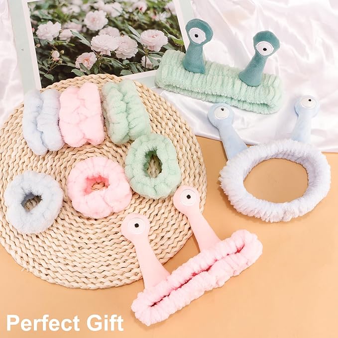Chanaco Snail Spa Headband Set of 4, Wrist Bands for Washing Face Set of 8, Pink, Green, Blue, Soft & Comfortable, Water Absorption, Cute Design, Wide Occasion, Women's Personal Care, Holiday Gifts