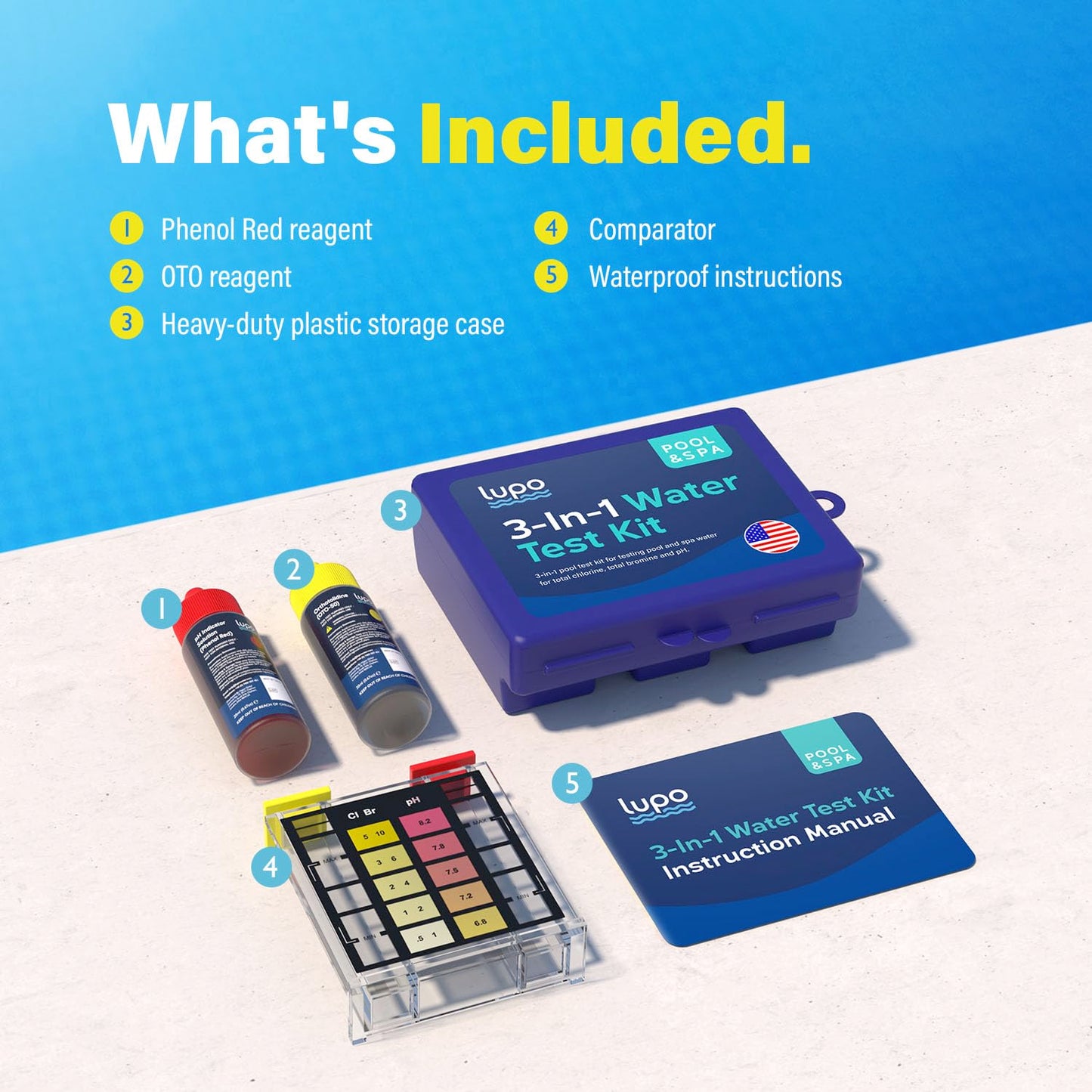 Lupo 3-in-1 Pool Test Kit | Pool Testing Kit for Residential Swimming Pools & Spas for Testing Total Chlorine, Total Bromine & pH | Pool Chemical Test for Quick & Accurate At-Home Pool Water Testing