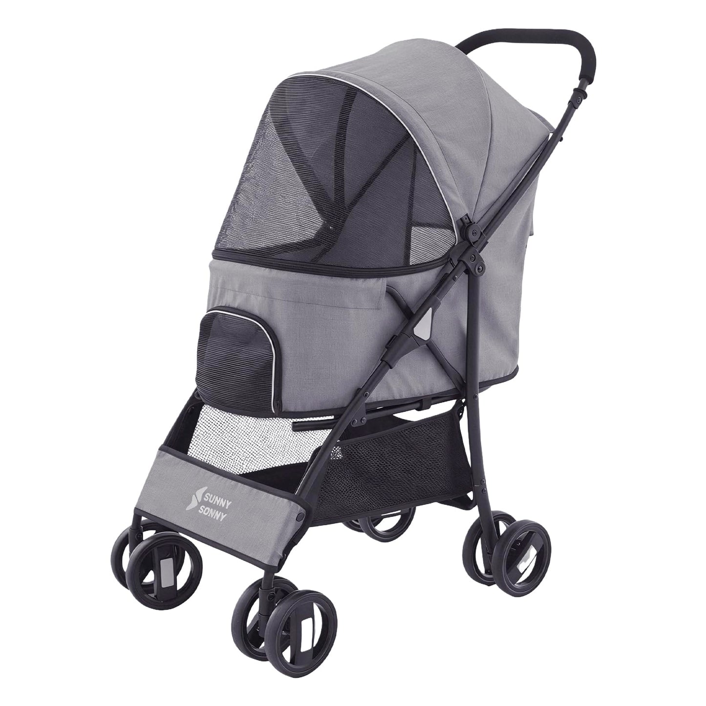 Sunny Sonny Foldable Jogger Pet Stroller with Weather Cover Storage Basket Pet Travel Carrier for S/M Dogs Cats up to 33lbs (Grey)