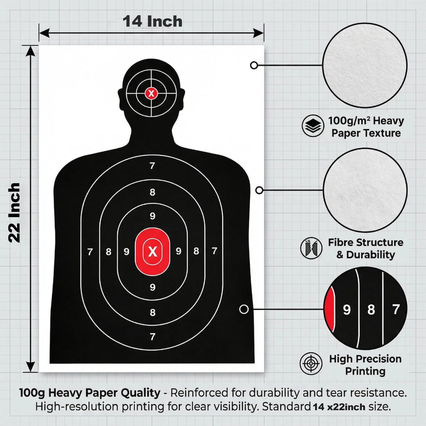 Silhouette Paper Shooting Target for The Range, Aiming Target Practice Paper for Indoor and Outdoor Shooting, Gun Accessories, for Handguns, Pistols, Rifles, Airguns, Pellet Gun, BB Guns -14X22 inches