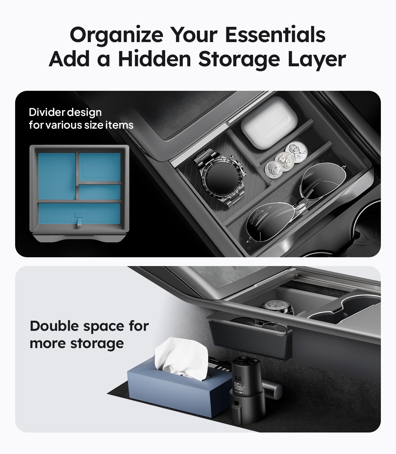 Wigoo Center Console Organizer for Tesla Model Y Juniper (Only Premium & Performance 2025 2026) and All Model 3 Highland Accessories [Double-Layer Storage, Smooth Sliding] 4PCS Gray