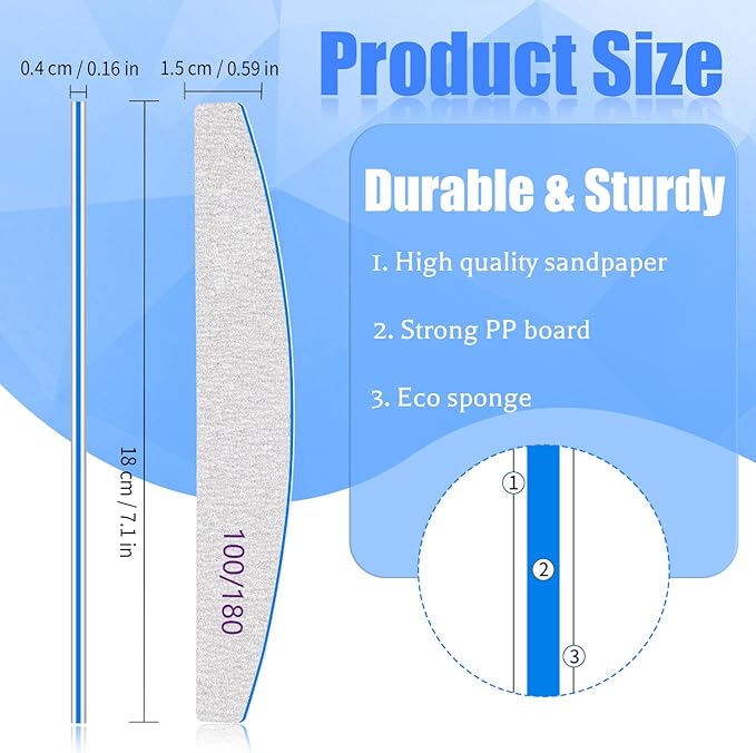 Poly Nail Extension Gel Files 100/180 Grit - 12 PCS Emery Boards for Acrylic Nails - Double-Sided Washable Coarse File Manicure Tools for Home and Salon Use