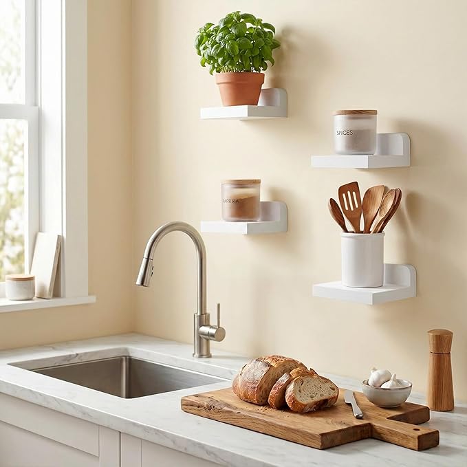Fixwal Small Shelf for Wall, Rustic Wood Floating Wall Mounted Shelves for Bedroom, Living Room, Kitchen, Bathroom Decor, Set of 4, 5 x 5 Inches (White)