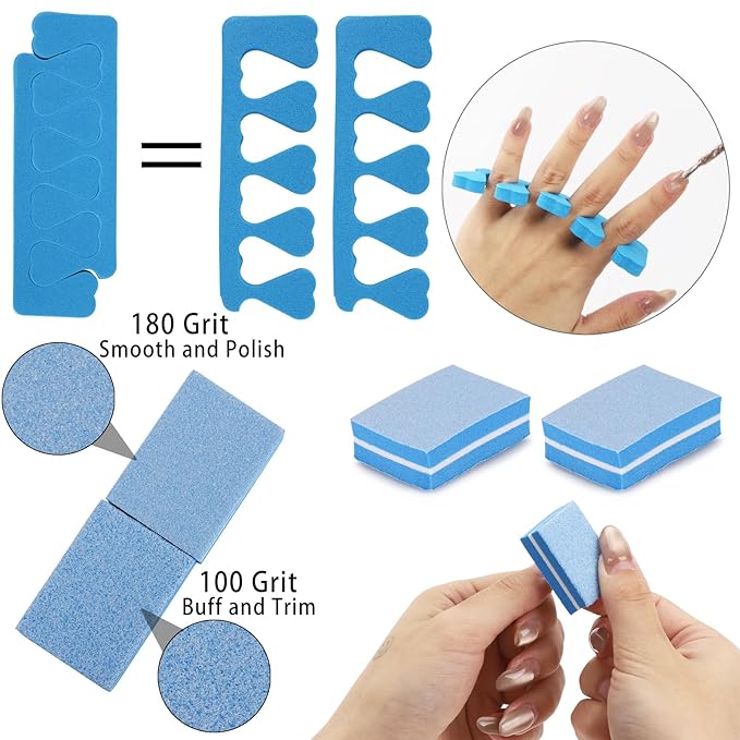 102pcs Toe Separators Set - Premium Pedicure Tool Super Soft Pedicure Toe Separator- Mini Nail Buffer Block File 80/100 Grit 2 Sided, Blue
