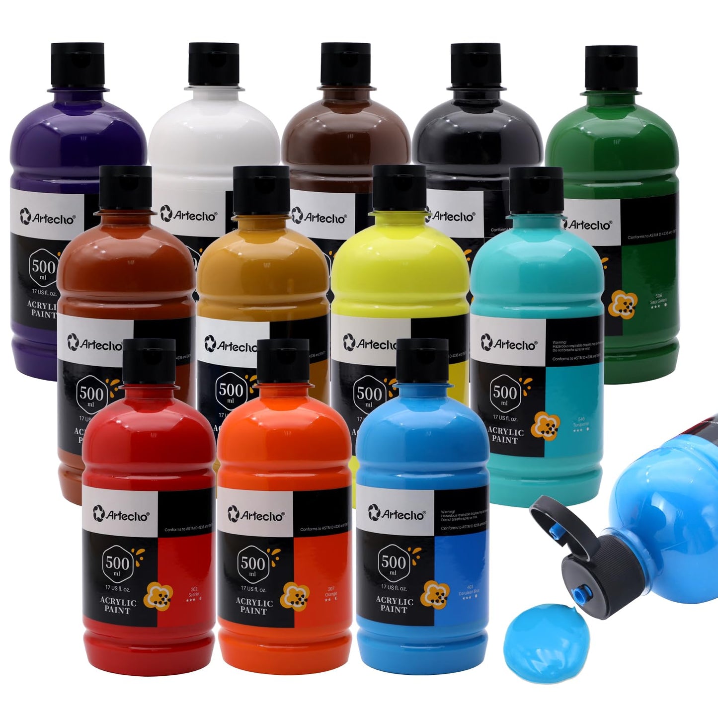 Artecho 12 Colors Large Bulk Acrylic Paint Set (500ml/17oz) Bottles, Craft Paint for Canvas, Rocks, Wood, Fabric, Ceramic, Non-Toxic