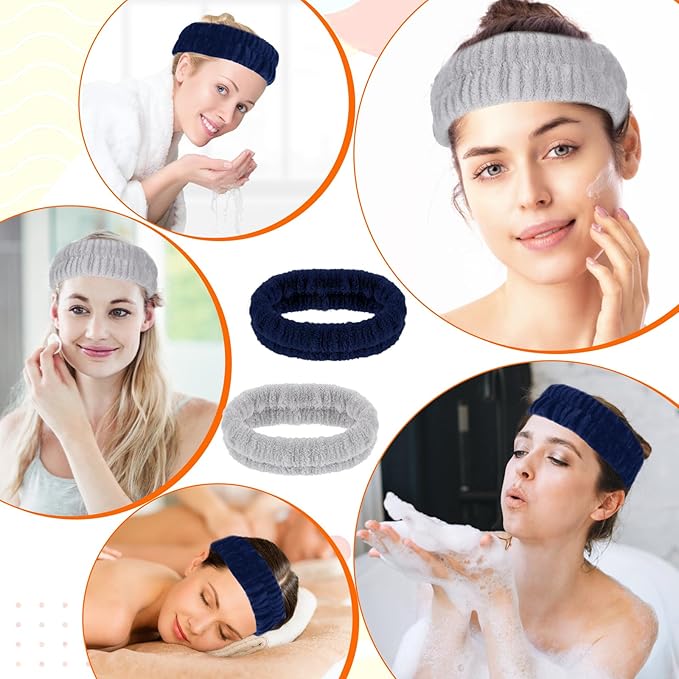 2Pcs Spa Headband, Head Bands Mens Hair Band Makeup Headband for Washing Face Absorbent Elastic Skin Care Headband Wrap for Women Yoga Sports Shower Exercise