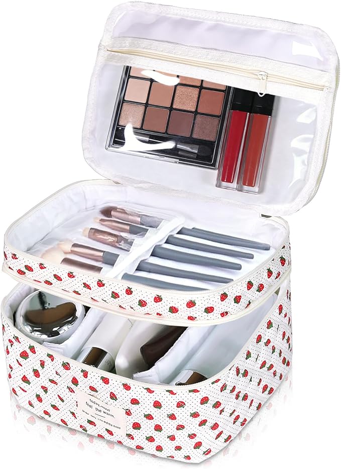 Makeup Bag, Portable Travel Make up Bag, Large Capacity Quilted Cosmetic Organizer Bag, Cute Floral Toiletry Bag for Women Girls (Strawberry)