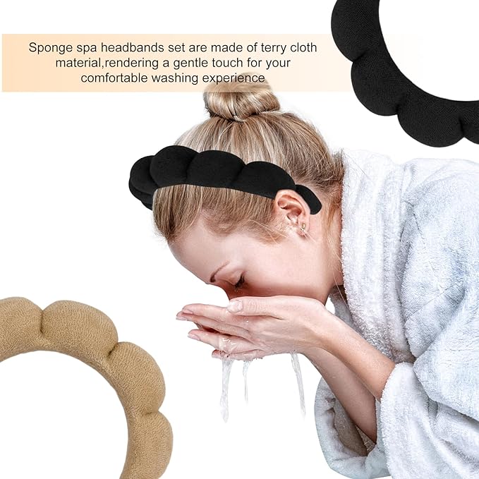AMCAMI Puffy Spa Headband for Women Sponge Headbands for Girls 2 PCS Terry Towel Cloth Fabric Head Band for Skincare,Makeup Removal,Face Washing,Facial Mask,Shower,Hair Accessories（Black&Light Coffee）