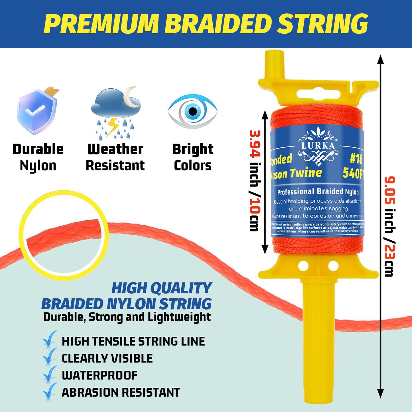 LURKA Mason Line String,#18 540 Feet Braided Construction Nylon Line with 5 Built-in Levels and Spool Fluorescent String Line for Precision Work, DIY, and Gardening (Fluorescent Orange)