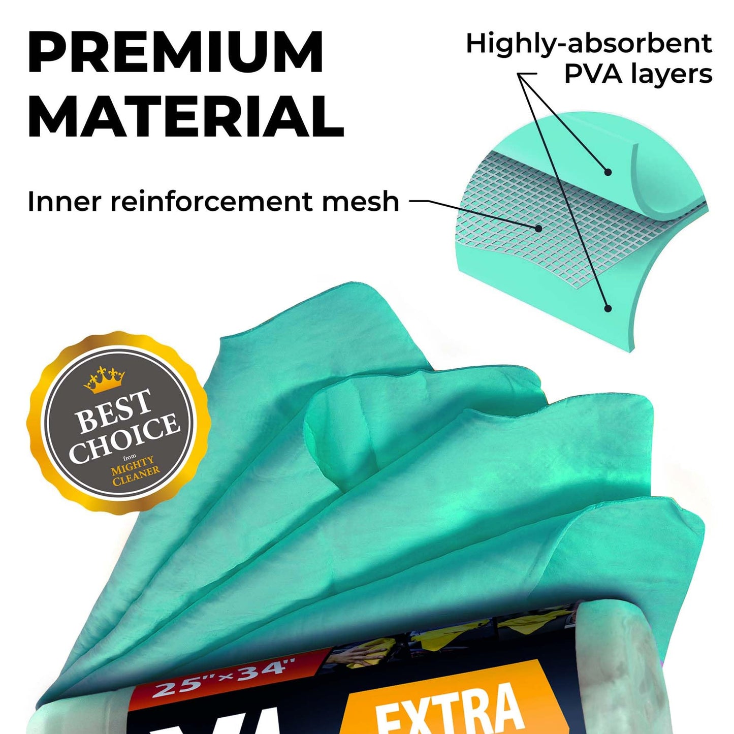Premium XL Shammy Towel for Car - 2pk (34”x25”) - Super Absorbent Chamois Cloth - Spots & Scratch-Free - Reusable Car Drying Towel