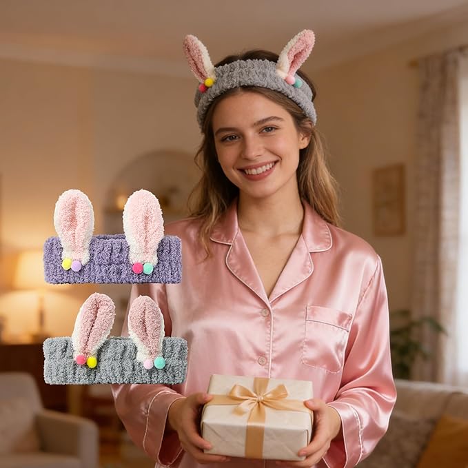 PERFECTSIGHT Kawaii Headband for Spa, Makeup, Washing Face, Party - 2 Pack Cute Hair Band for Shower Beauty Skincare, Soft Facial Headbands for Girls and Women (Purple+Gray Rabbit Ear)