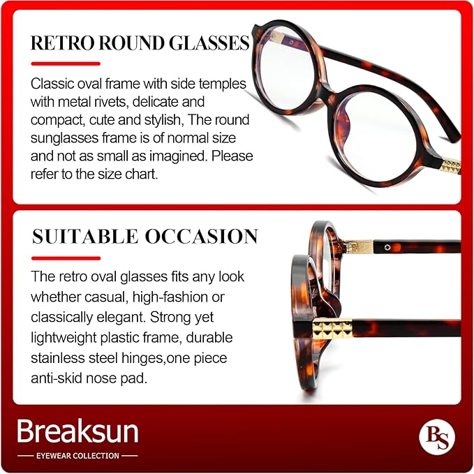 Breaksun Fashion Oval Glasses for Women Men Retro Round Tortoise Frame Blue Light Glasses Nerd Eyeglasses