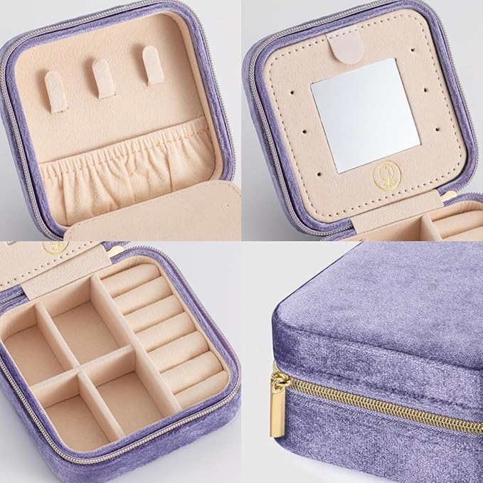 Plush Velvet Travel Jewelry Case, Travel Jewelry Organizer, Jewelry Travel Case,Travel Jewelry Box, Small Jewelry Case for Women, Jewelry Travel Box, Earring Organizer with Mirror - Periwinkle