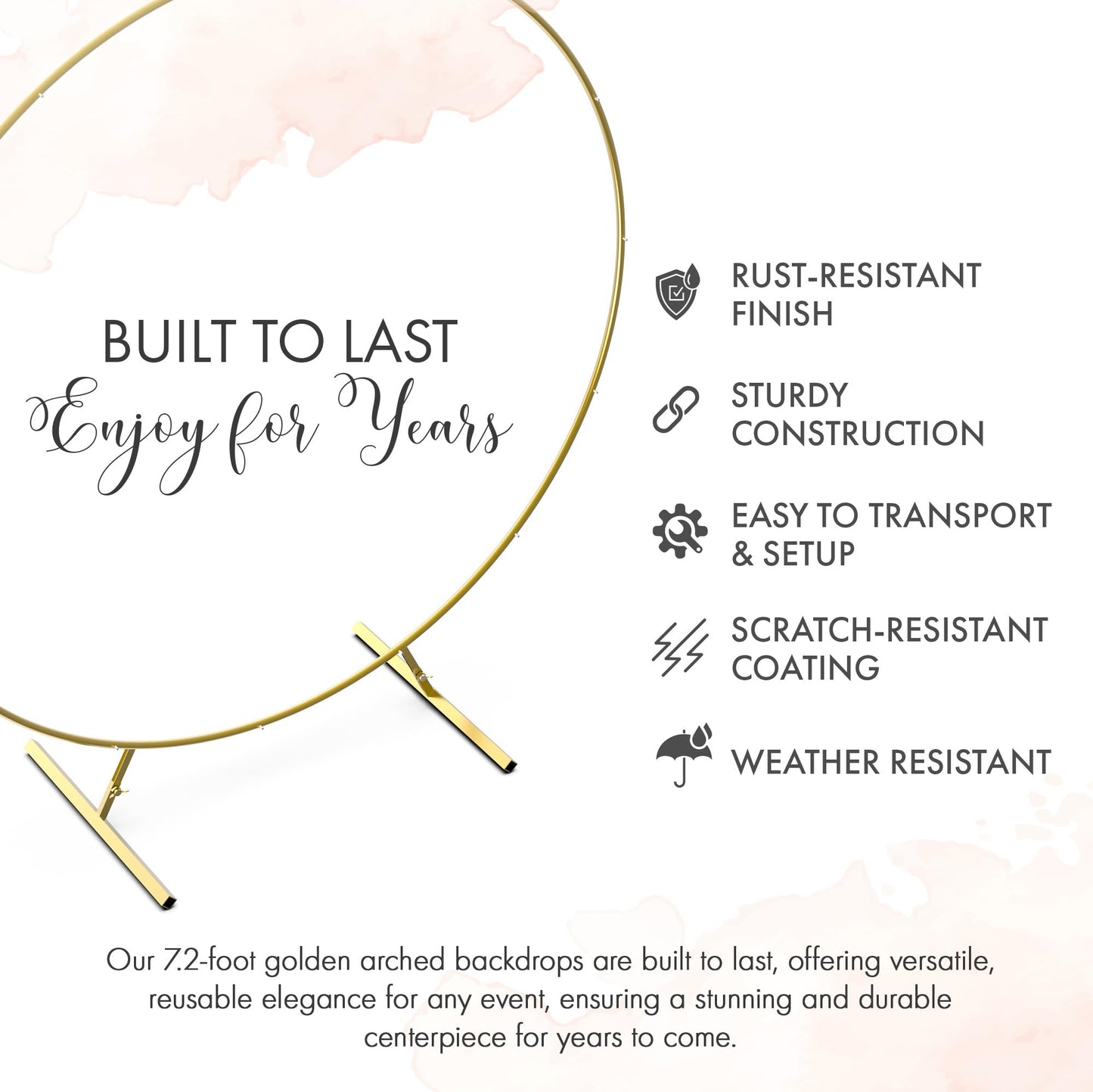 Round Backdrop Stand - Rust Free Iron Made 7.2 Ft Gold Circle Backdrop Stand for Parties, Arch for Balloons - Portable & Easy to Assemble Wedding Arch Frame - Sturdy & Stable, Handles Wind Outdoors