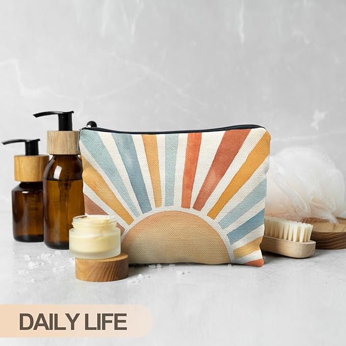 Vintage Boho Colorful Sun Sunrise Sunset Makeup Bag, Sunshine Gifts Cosmetic Bags for Women, Boho Gifts for Women, Retro Mid Century Modern Art Zipper Makeup Pouch