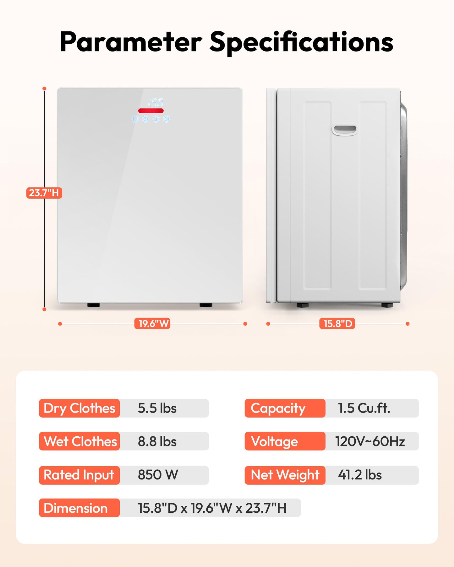 EUHOMY 1.5 Cu.ft. Portable Dryer with 4 Drying Programs, 5.5 lbs Clothes Capacity, Mirror Finish & LCD Touch Panel, 850W Portable Clothes Dryer for Apartment, Dorm & RV, White