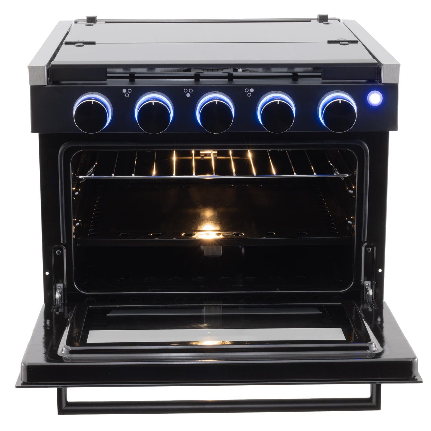 RecPro RV Stove Black Finish | Gas Range 17" Tall | 6500 and 8000 BTU Three Burner | 7100 BTU Oven with 1.24 Cu. Ft. Capacity | Optional Range Hood